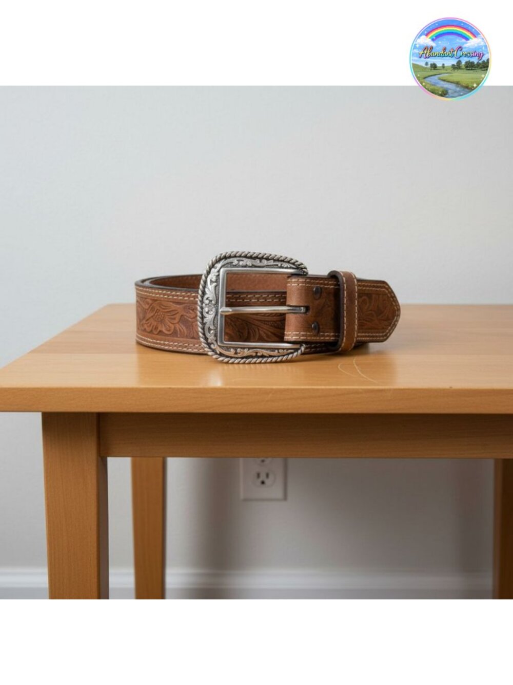 Leather Floral Embossed Belt with Buckle Closure for Dress or Jeans